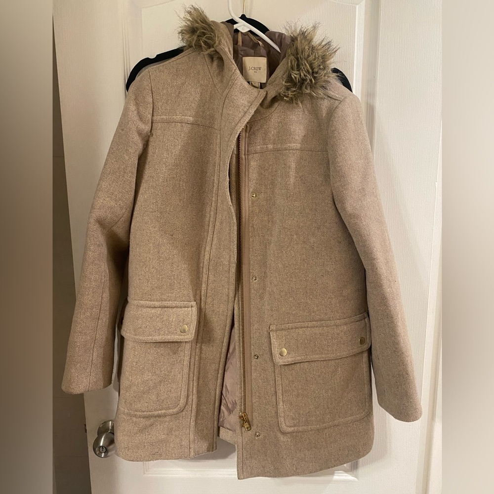 Jcrew tan coat with fur hood